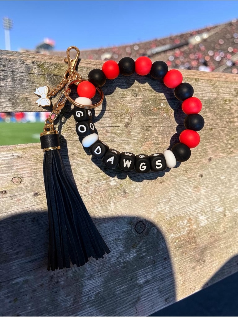 Beaded Black & Red 'GODAWGS' Wrist Keychain with Tassel